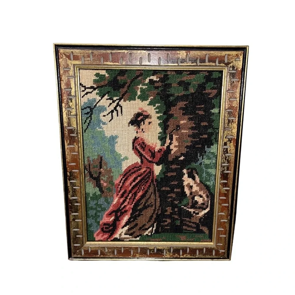 VTG MCM Petit Point Needlecraft gold distressed wood framed picture Girl Tree